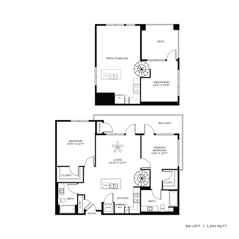 Floor plan for 2 beds, 2 baths, 1257 sqft